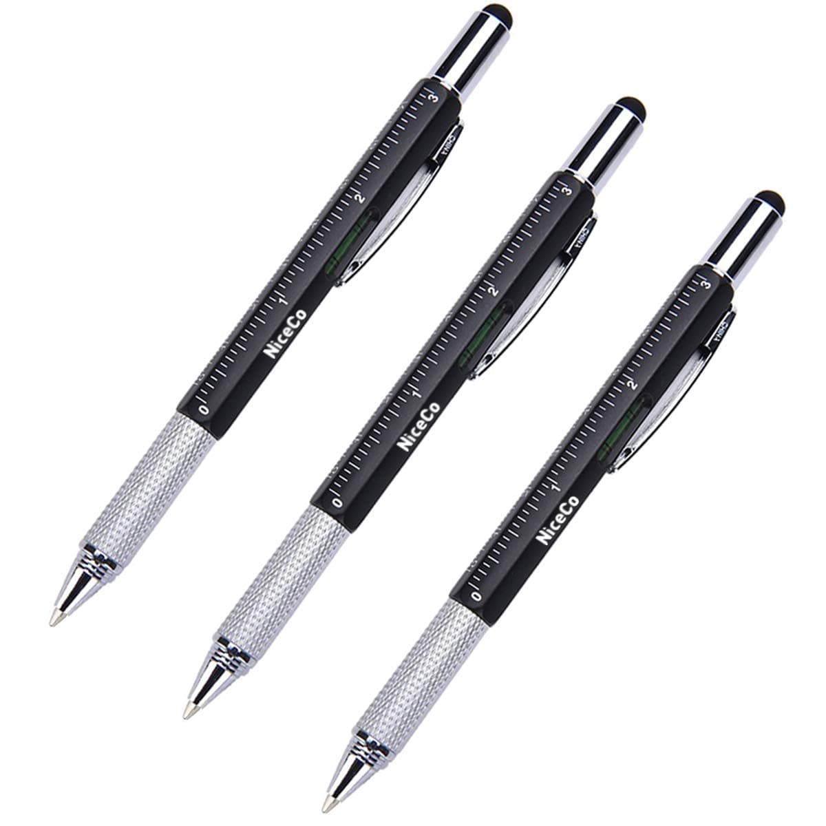 NiceCo 3-Pack 6-in-1 Touch Screen Stylus, Multifunction Tool Pen, 3" Ruler, Ballpoint Pen, Flathead/Phillips Screwdriver, Level Gauge, Combo DIY Tool Kit for iPad Tablet Smartphone (Black)