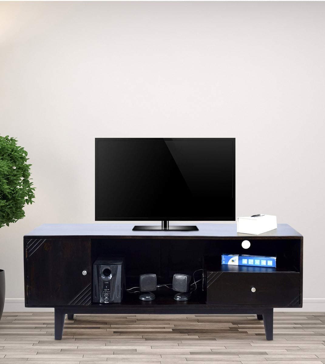 Solid Wood SHABY 1.45 Meter 1 Door 1 Draw TV Unit Cabinet Entertainment Stand (Walnut Finish)