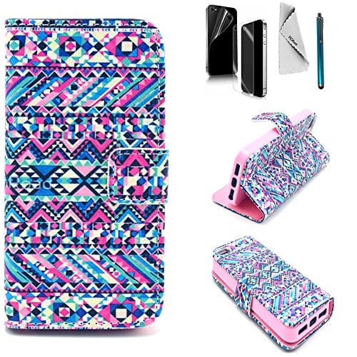 For iPhone 5s Case YCAun Wallet Flip Folio Cute PU Leather Stand Slim Fit Case With Card Holder Pocket Stylus Screen Protector and Cleaning Cloth [Tribal Pattern]