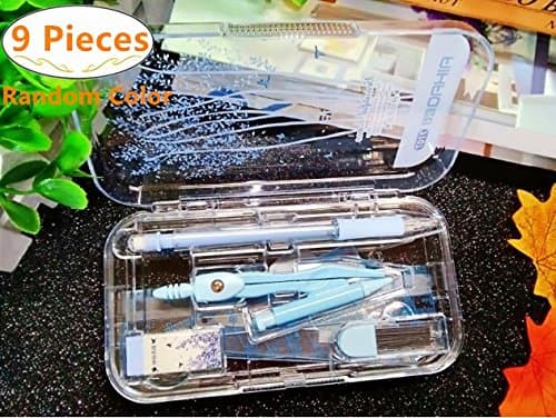 Magnolora 9 Pieces Math Geometry School Set with Quality Compass, Rulers, Protractor, Mechanical Pencil, Eraser, Lead - Student Drawing Compass Math Geometry Tools for Math Scribing and Marking