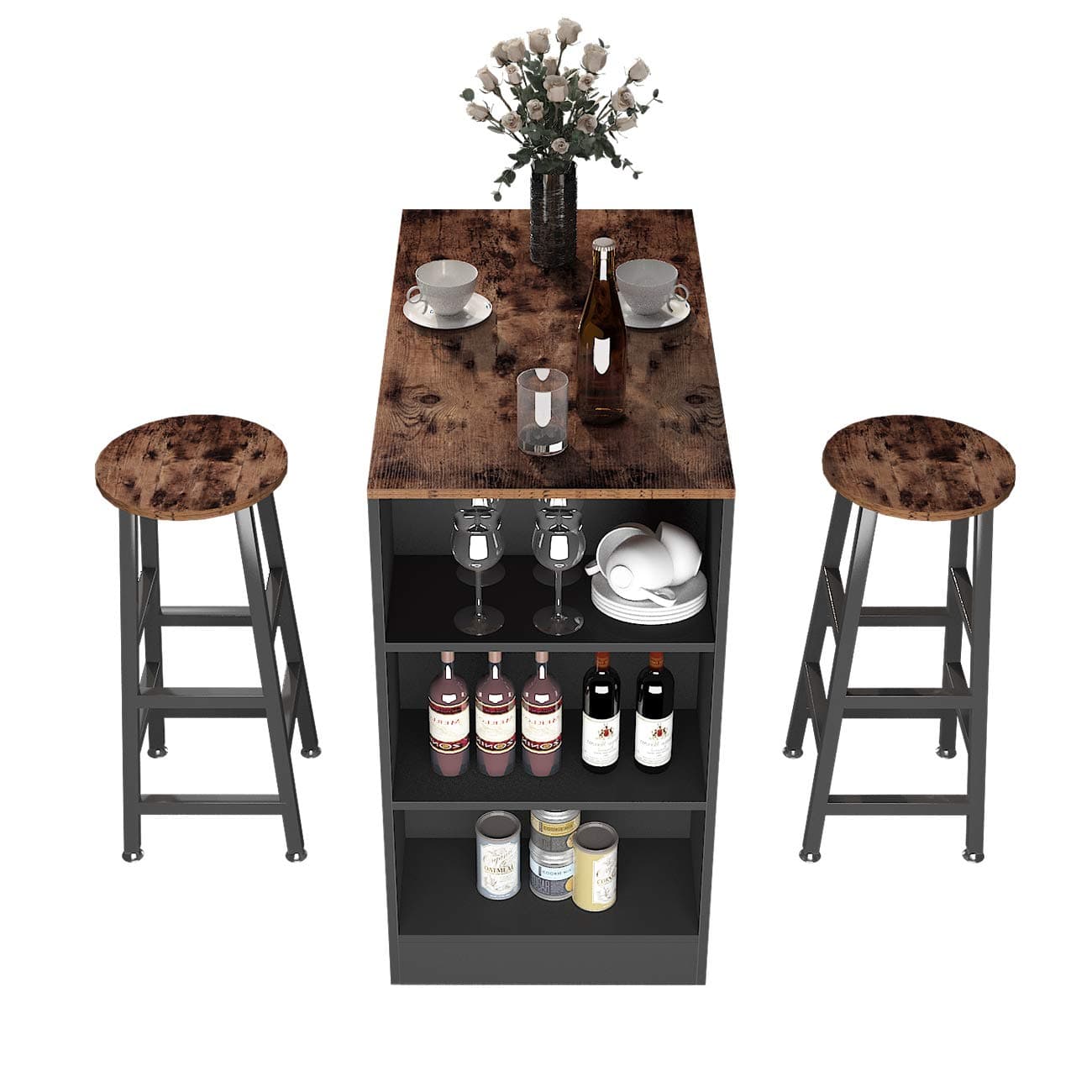 SDHYL Bar Table Set with 2 Bar Stools High Top Table 3 Storage Racks Pub Dining Table Breakfast Bar Table for Kitchen, Dining Room, Living Room and Party Room, Rustic Brown, S7-DX-Z813FG