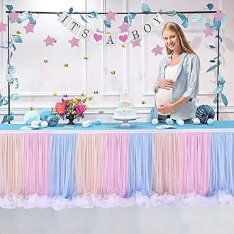 Tulle Table Skirt Ruffle Tutu Table Cloth,Pink-White-Blue-Grey LED Table Skirt for Rectangle Table for Baby Shower Wedding, Birthday Party Decoration (Rainbow, L 14(ft)*H 30in)