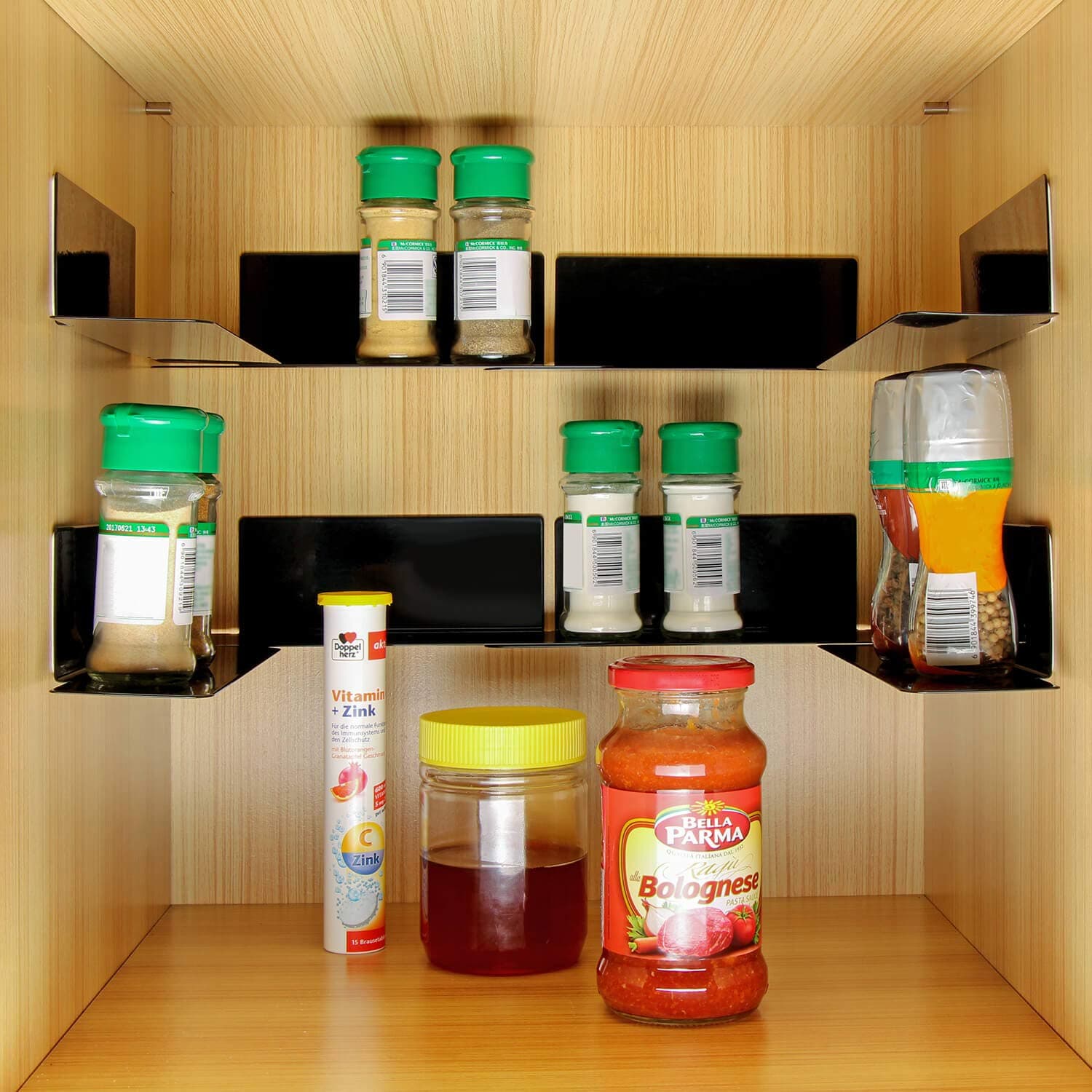 Spice Rack – Self Adhesive Storage Organizer, Stackable Metal Shelf for Kitchen Cabinet, Holds 40 Jars, Easy to Install - 8 Pack