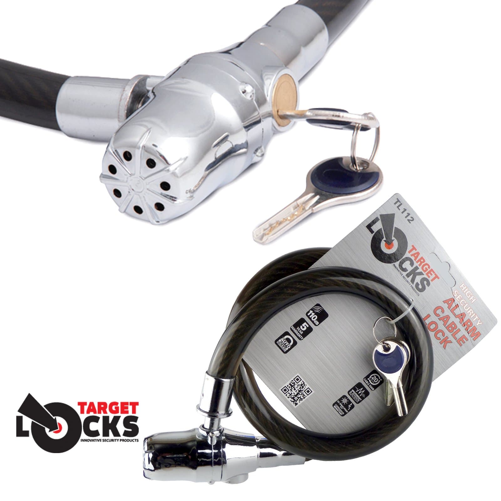 Target TL112 Alarmed Cable Lock - High Security Cable Coil Lock with 110dB Siren Alarm - Bikes, Bicycles, Scooters, Garden Gates, Securing Helmets with Motorcycles