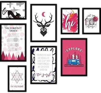 FATMUG Wall Paintings For Living Room With Frame - Home Decor -Travel Quotes With Glass -Set of 8