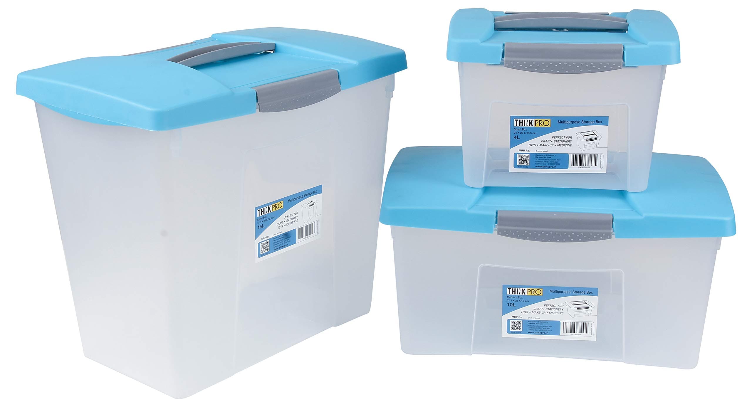 ThinkPro Plastic Multipurpose Storage Box (Blue & Grey, Pack of 3-4L,10L,16L)