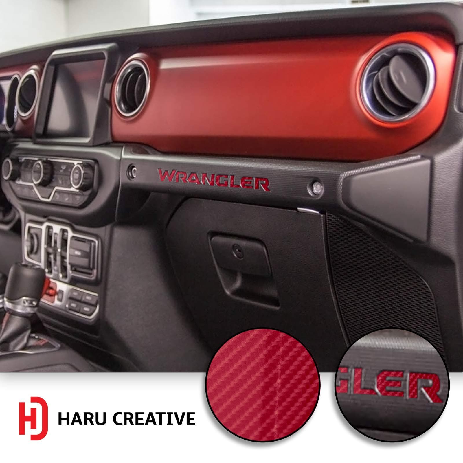 Haru Creative - Glove Box Dashboard Letter Insert Overlay Decal Compatible with and Fits Jeep Wrangler JL 2018-6D High Gloss Carbon Fiber Red
