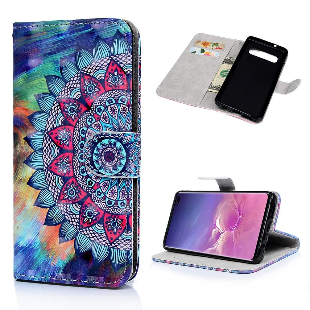Case for Samsung Galaxy S10+ Plus, S10+ Flip Case Shockproof Folio Notebook Kickstand Card Slots 3D Effect Painting PU Leather Wallet TPU Bumper Shell Slim Fit Protective Cover Totem Flower