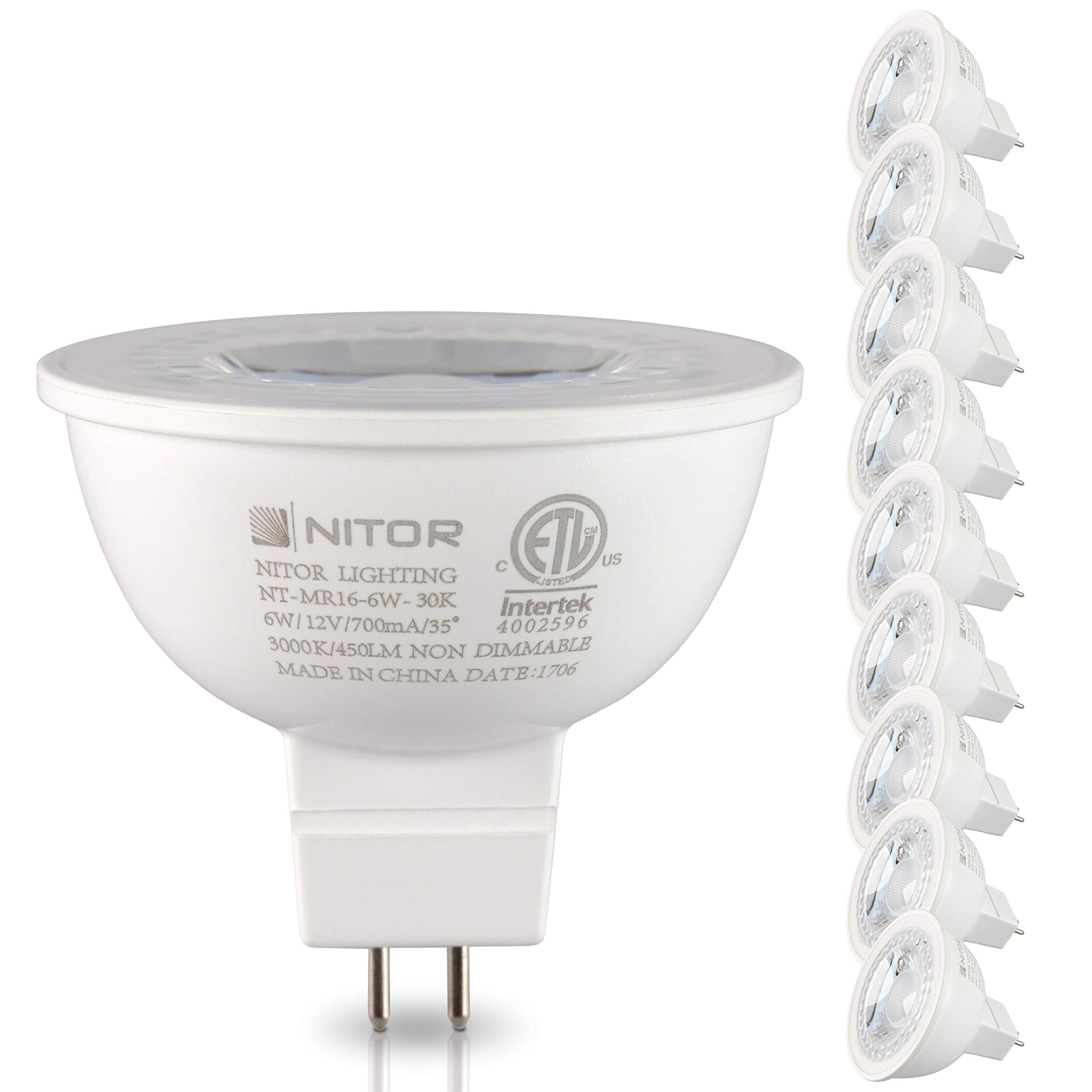10-Pack NITOR Lighting LED MR16 bulbs, Non-Dimmable, 6 Watt, 50W Equivalent Halogen Replacement, Warm White 2700K, 450 Lumens, 30 Degree Beam Angle, UL Listed and Certified, Track Lighting