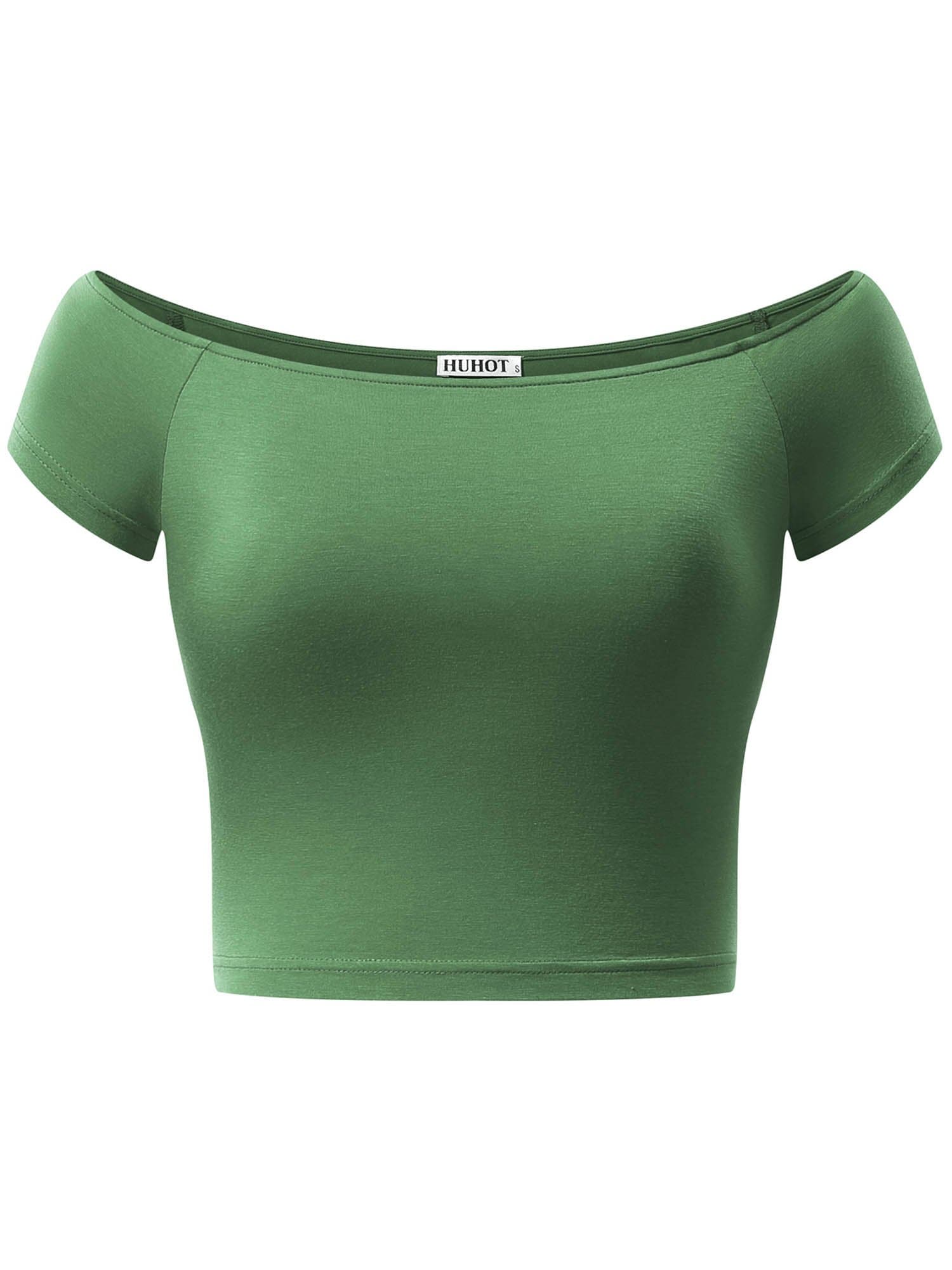 HUHOT Womens Basic Short Sleeve Off-Shoulder Short Cami Crop Tank Top