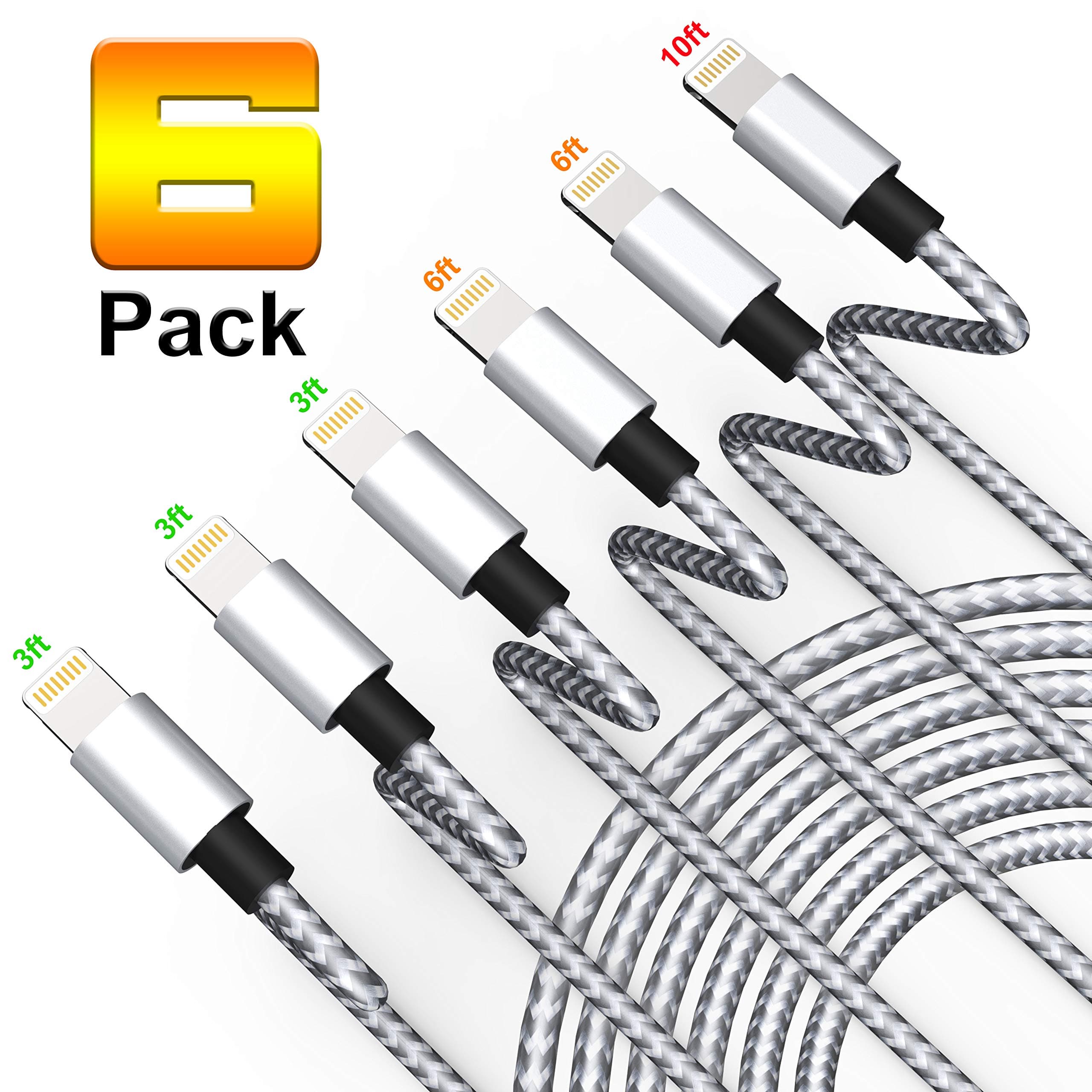 BALALAHTEK USB Charging Cable 6 Pack 3FT 6FT 10FT MFI Certified Lighting Cable Nylon Braided High Speed Connector Data Sync Transfer Cord Compatible with Phone XS/XR/X/8/7/6/Pad/Pod (Silver)