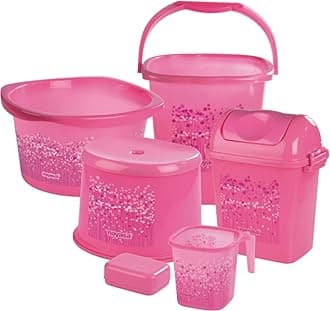 Nayasa Funk Bathroom DLX 6 Pcs | Bkt 25 L + Mug 1.5 L + Basin 20 L+ Dustbin 14 L + 509 Stool + Soap Case | Bathroom Accessory Set Plastic | Bathroom Set | Bath Set for Bathroom | Pink