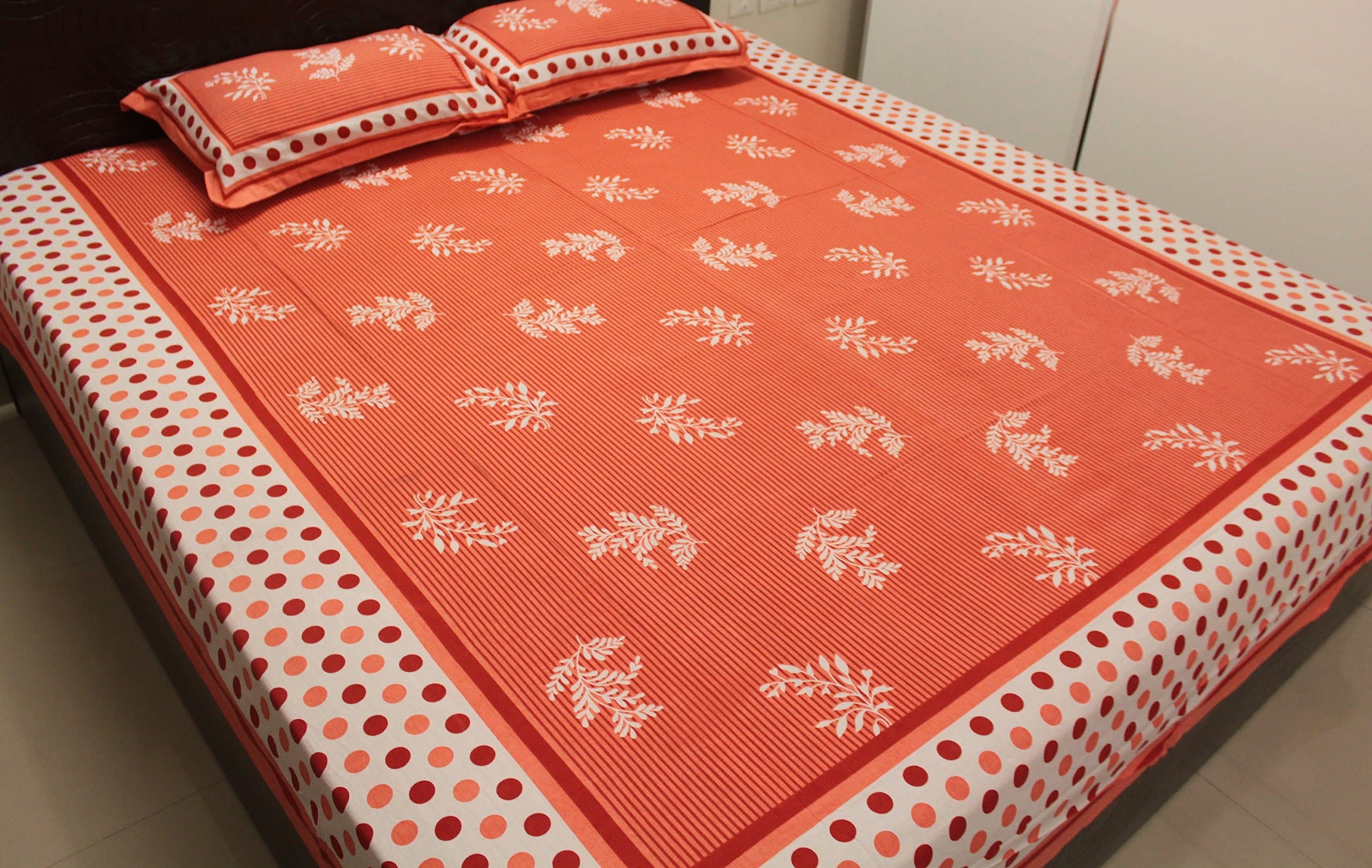 Cotton King Queen Full Bed Sheets Pillowcases Set Rust Hand Printed Ethnic Stripes Floral Bedspreads Bedding 85 x 102 Inches