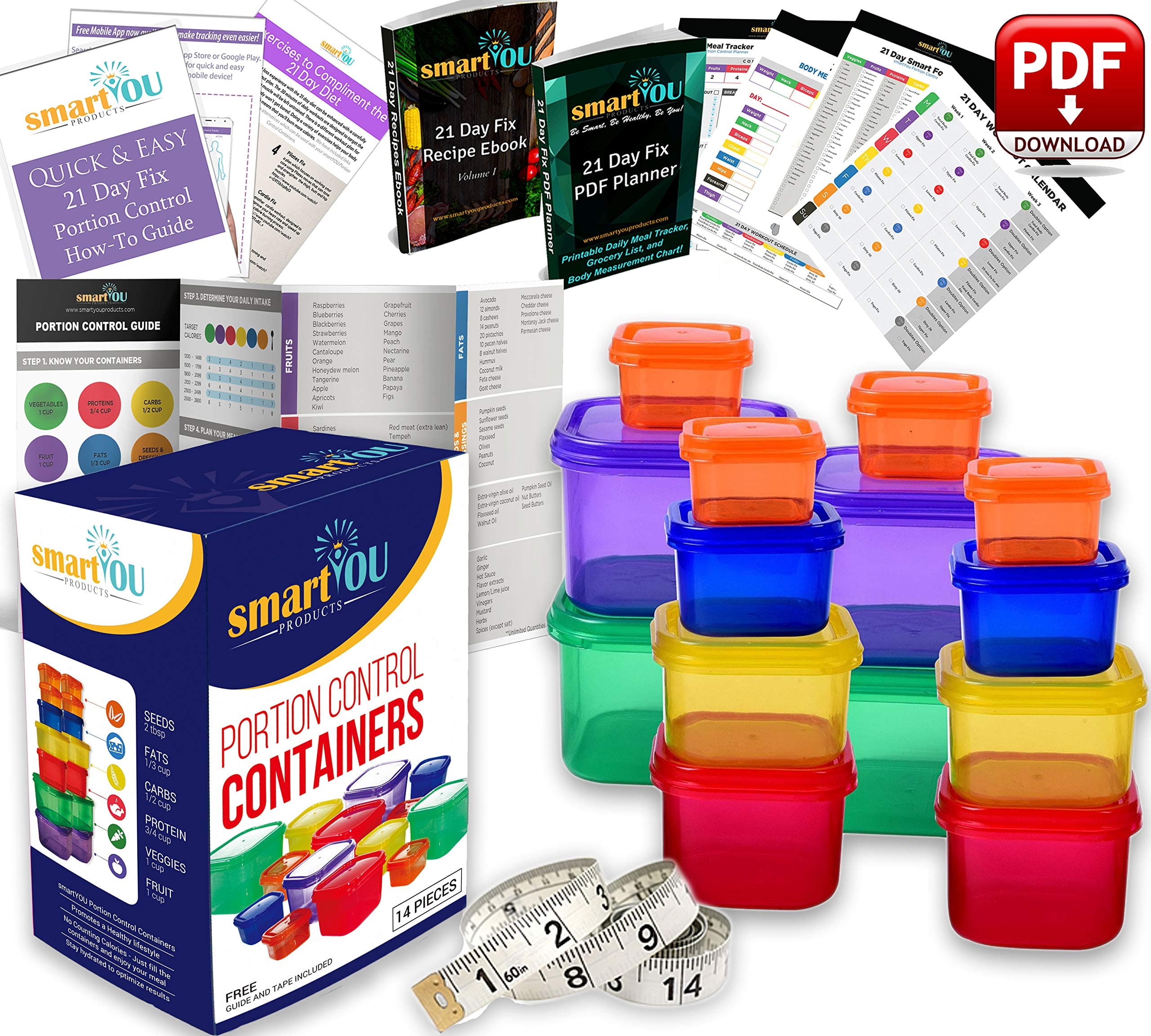 21 Day Portion Control Containers Kit - Nutrition Diet, Multi-Color Coded Weight Loss System. Complete Guide + PDF Planner + Recipe eBook and Tape Measure - BPA Free - 14 PC LABELED