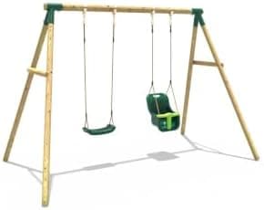 Rebo® Children's Wooden Garden Swing Set - Luna | OutdoorToys | Pressure Treated Timber, Soft Feel Ropes, Baby Swing Seat and Regular Seat, Sturdy Construction