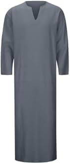 YOUYING Kaftan Thobe Mens Short Sleeve V-Neck Linen Robe Big and Tall Muslim Robe Casual Loose Lightweight Long Sleeping Gown