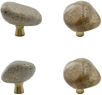 4 Pack Unique Single Hole Irregular Rock-Shaped Drawer Knobs with Brass Base Natural Style Decorative Stone Pull Knobs for Cabinet Furniture Dresser Handle with Screws