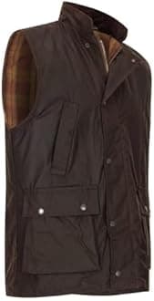 Walker and Hawkes Wax Winchester Gilet for Men – Water-Resistant Wax Cotton Bodywarmer with Corduroy Collar and Tartan Lining