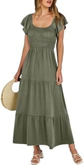 ANRABESS Women’s Casual Summer Maxi Dress Flutter Short Sleeve Scoop Neck Smocked A Line Flowy Beach Vacation Long Dresses