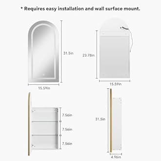 FUSUNBAO Arched Medicine Cabinet with LED Light, Recessed White Bathroom Mirror Cabinet with Integrated Storage, Wall-Mounted Mirror Medicine Cabinet,White（Golden Edge）
