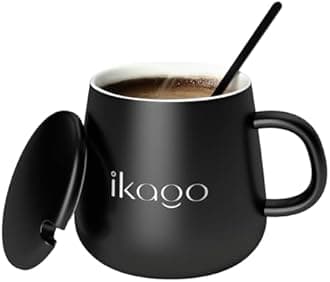 Ikago Ceramic Coffee Mug Set, 12oz Mugs with Lid and Spoon, Black Coffee Mug, Matching Mug lid, Novelty Laser Engraving Pattern, Best Gift for Coffee, Tea, Cocoa Lovers
