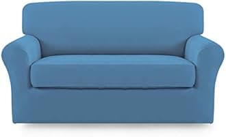 Easy-Going 2 Pieces Microfiber Stretch Sofa Slipcover – Spandex Soft Fitted Sofa Couch Cover, Washable Furniture Protector with Elastic Bottom Kids, Pet (Loveseat, Light Blue)