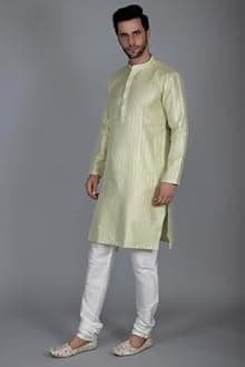 Ethluxis Men's Silk Blend Embroidered Kurta with White Churidar Set