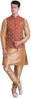 Uri and MacKenzie Men's Silk Blend Regular Kurta Churidar Pyjama with Bundi Nehru Jacket/Waistcoat
