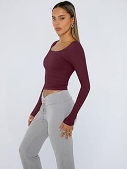 Trendy Queen Womens Long Sleeve Shirts Crop Tops Fall Fashion Solid Square Neck Going Out Basics Tees Y2k Clothes
