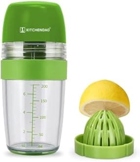 KITCHENDAO 2 in 1 Salad Dressing Shaker with Citrus Juicer, Dripless Pour, Leak-Free, Soft Grip, Anti-Slip Feet, Easy to Clean, Dishwasher Safe, BPA Free Material，250ml (1 Cup)