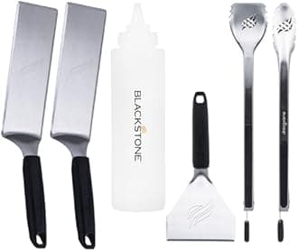 Blackstone 5464 Griddle Tool Kit Outdoor Indoor Grill BBQ Utensils Cooking Accessories-Heat Resistant– 2 Long Spatulas, 2 Angled Scraper Classic Tong, 1 (32oz) Squeeze Bottle, Black, Silver, White