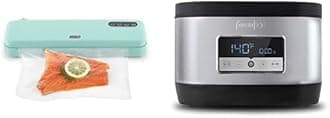 Bundle of DASH SuperSeal™ Vacuum Sealer for Food Storage and Sous Vide, Bags and Cutter Included - Aqua + Dash Stainless Steel Sous Vide, Temperature Control with Timer, 8.5Qt
