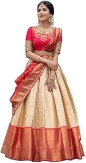 WILLFEKanjivaram Soft Pure Zari Silk Traditional Lehenga Saree, Unstitched Lehenga Choli, Half Saree.