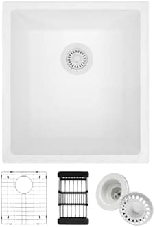 MONSINTA White Bar Sink, White Granite Composite Kitchen Sinks With Accessories, 17 Inch Undermount Quartz Stone Kitchen Sinks, 17" x 19" x 10" Small Kitchen Sink used for RV, Bar, Outdoor and Wet Bar