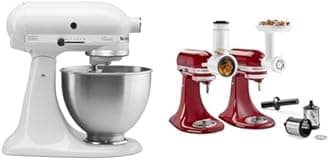 KitchenAid Classic Series 4.5 Quart Tilt-Head Stand Mixer K45SS, White & ® Food Grinder + Fresh Prep Slicer/Shredder Attachment Bundle, White