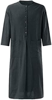 YOUYING Kaftan Thobe Mens Short Sleeve V-Neck Linen Robe Big and Tall Muslim Robe Casual Loose Lightweight Long Sleeping Gown