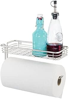 iDesign Classico Wall Mounted Kitchen Roll Holder with Shelf, Metal Paper Towel, Kitchen and Toilet Roll Holder for the Wall, Satin