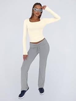 Trendy Queen Womens Long Sleeve Shirts Crop Tops Fall Fashion Solid Square Neck Going Out Basics Tees Y2k Clothes