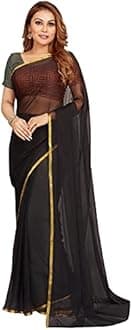 RANI SAAHIBA Women's Chiffon Printed Saree With Blouse Piece, Black, 5.4m