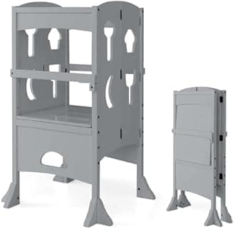 HONEY JOY Kitchen Step Stool for Toddlers, Children Wooden Standing Tower w/Safety Rail, Montessori Foldable Kids Learning Stool for Kitchen Counter(Gray)