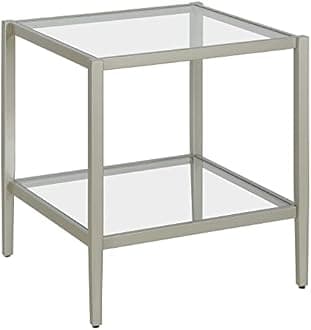 Henn&Hart 20" Wide Square Side Table with Glass Shelf in Satin Nickel, Table for Living Room, Bedroom