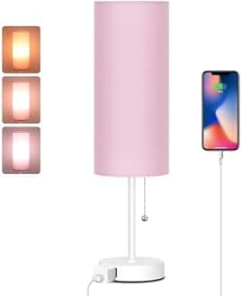 Dott Arts 18" Table Lamp for Bedroom, 3-Color Bedside Lamps with Pull Chain, Bedroom Table Lamps for Nightstand,AC Outlet Small Lamp for Living Room, Bulb Included Pink