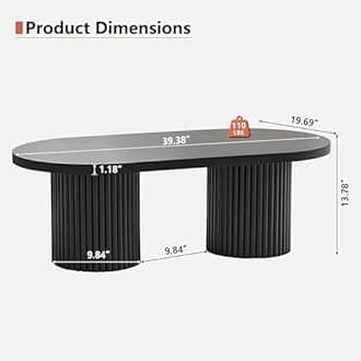 Oval Fluted Coffee Table, Farmhouse Wood Coffee Table Mid Century Modern Center Table Boho Living Room Tables for Living Room Office (Black, 19.69" D x 39.38" W x 13.78" H)