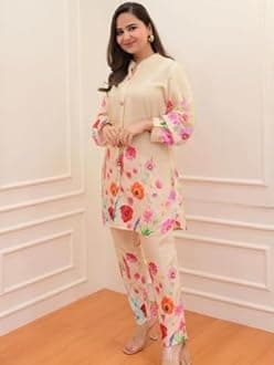 Leriya Fashion Women's Anarkali Rayon Floral Printed Kurta Pant Set | High-Low Hem & 3/4 Sleeves | Ethnic Co-ord for Festive & Casual Wear | Co ord Set For Women Stylish | 2 Piece Dress For Holiday Look & Puja