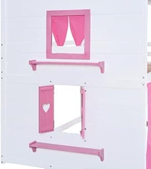 SOFTSEA Twin Over Twin House Bunk Bed with Window and Sills for Kids Teens, Solid Wood Floor Bunk Bed Twin with Roof and Ladder, Modern Design, Pink+White