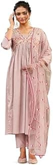 Womanista Women's Cotton Blend Floral Yoke Design Pleated Thread Work Kurta Trouser With Dupatta Set (Kurtaset_1214)