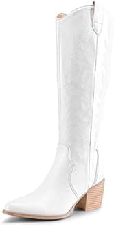 DREAM PAIRS Womens Cowboy Boots, Comfortable Pull On Zipper Chunky Heel Pointed Toe Embroidered Western Cowgirl Knee High Boots, White, 8
