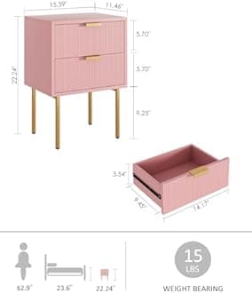 Nightstand,Morden Bedside Table with Gold Frame,Small Night Stand,End Table,Bedside Furniture,Side Table with Drawer and Shelf for Bedroom,Living Room (2Drawers, Pink)
