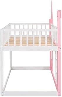 Harper & Bright Designs Low Bunk Bed Twin Over Twin, Wooden Bunk Bed Frame for Kids Girls Boys, Castle Shape Design (Pink)