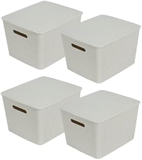 Glad Storage Baskets with Lids - Set of 4 Stackable Plastic Boxes with Handles - Decorative Shelf Organizer Bins for Bathroom and Closet, Grey, 4.7 Gallon